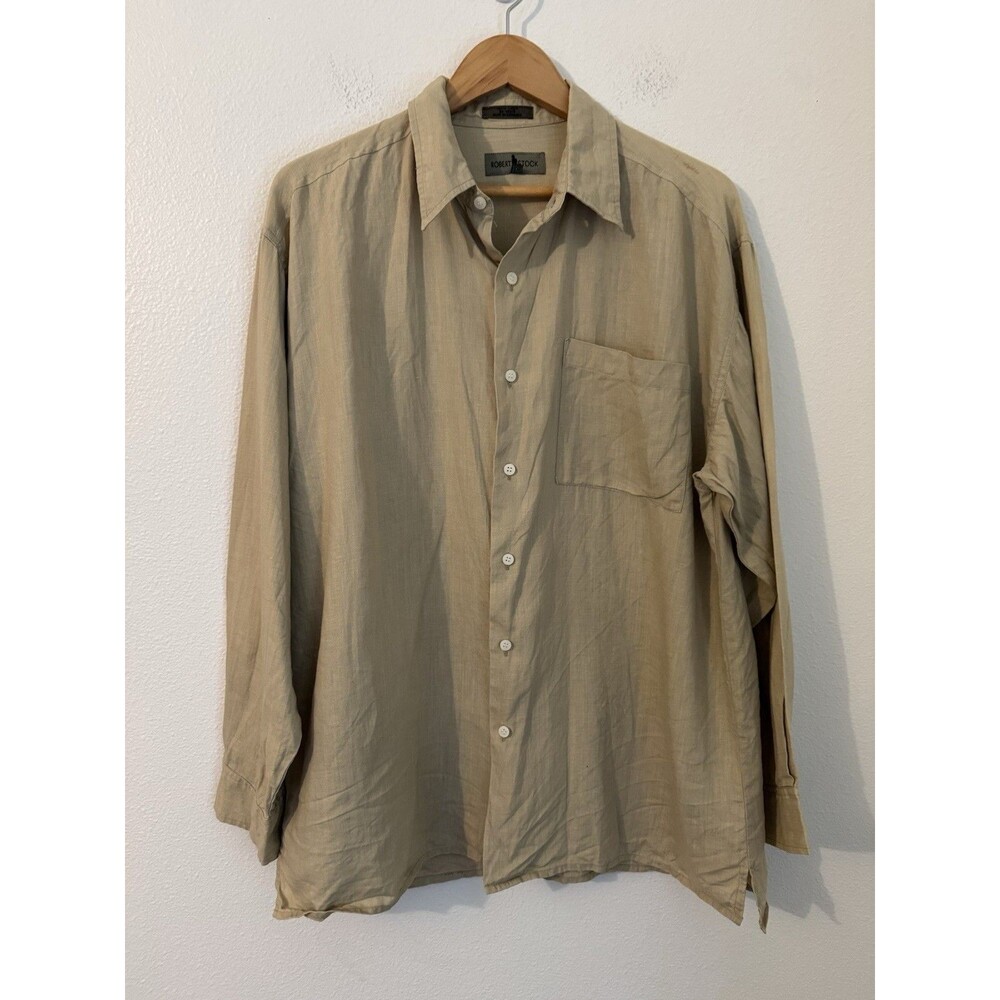 Vintage Robert Stock Shirt Mens Large Tan 100%-Linen Button Front Long Sleeve L